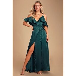 NWT Lulus Moriah Emerald Green Satin Wrap Maxi Dress